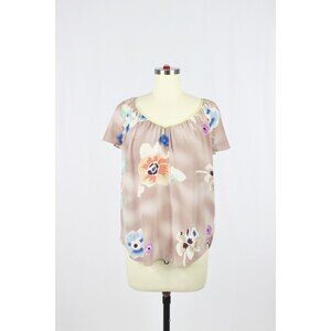 REBECCA TAYLOR Mauve Floral Print Silk Crepe V-Neck Blouse Top, Size 0